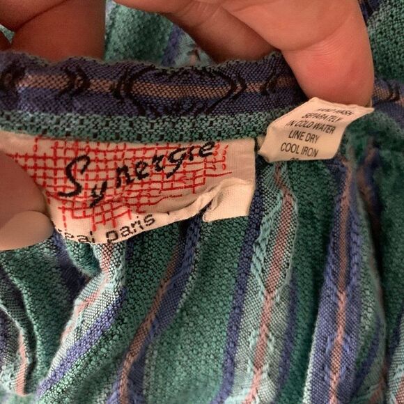 Vintage Boho Gathered Midi Skirt S Green Stipes Button Zip Pockets Broomstick - Picture 5 of 5